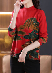 Red Print Cozy Wool Knit Tops O-Neck Long Sleeve