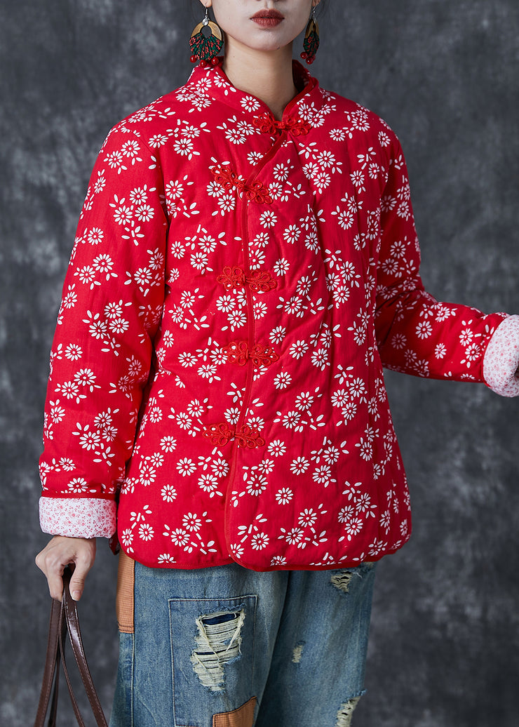Red Print Fine Cotton Filled Chinese Style Jacket Chinese Button Winter