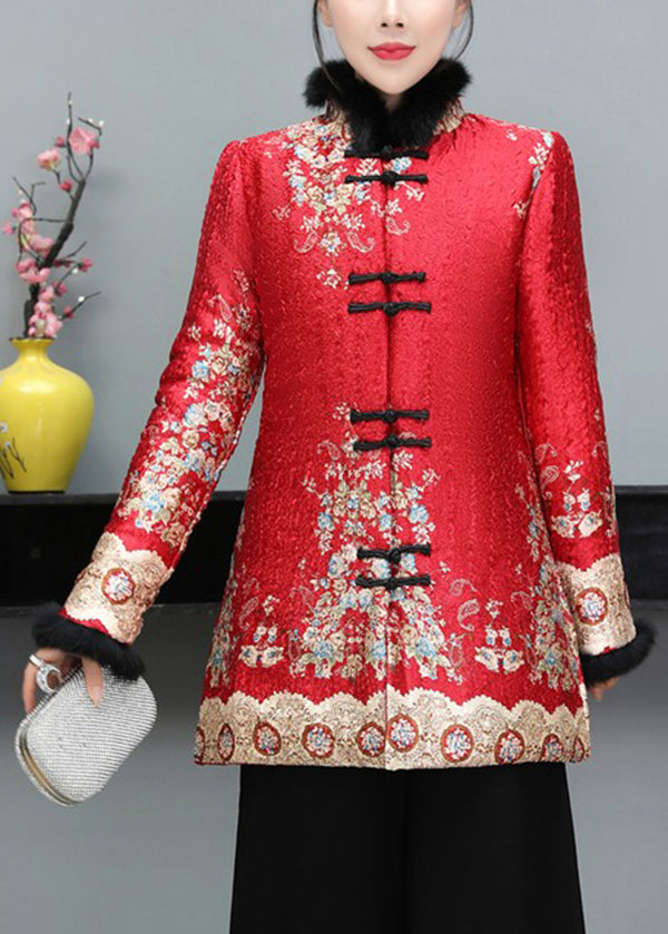 Red Print Fine Cotton Filled Winter Coats Chinese Button Long Sleeve