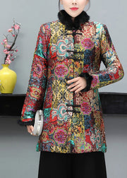 Red Print Fine Cotton Filled Winter Coats Chinese Button Long Sleeve