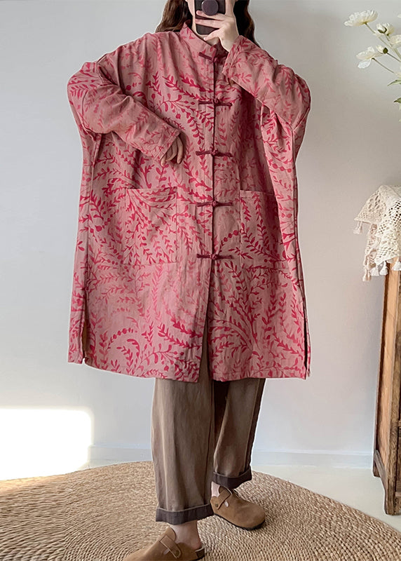 Red Print Linen Trench Oversized Chinese Button Fall