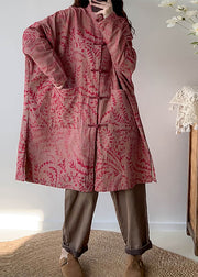Red Print Linen Trench Oversized Chinese Button Fall