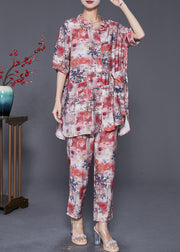Red Print Linen Two Pieces Set Oversized Chinese Button Summer