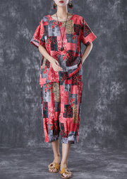 Red Print Linen Two Pieces Set Oversized Summer
