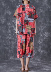 Red Print Linen Two Pieces Set Oversized Summer