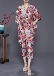 Red Print Loose Linen Silk 2 Piece Outfit Side Open Summer