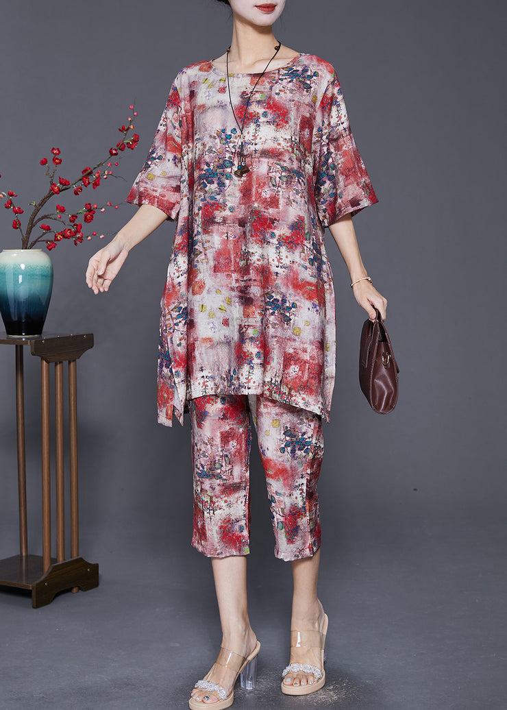 Red Print Loose Linen Silk 2 Piece Outfit Side Open Summer