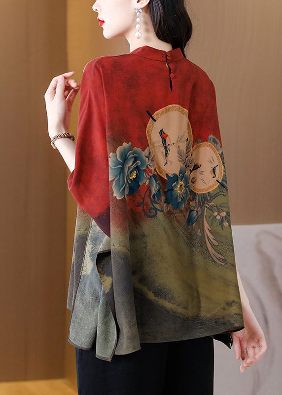 Red Print Loose Silk Blouse Top Mandarin Collar Batwing Sleeve