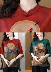 Red Print Loose Silk Blouse Top Mandarin Collar Batwing Sleeve