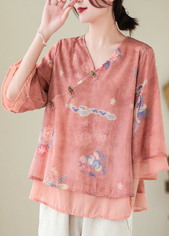 Red Print Patchwork Chiffon Shirt Top V Neck Butterfly Sleeve