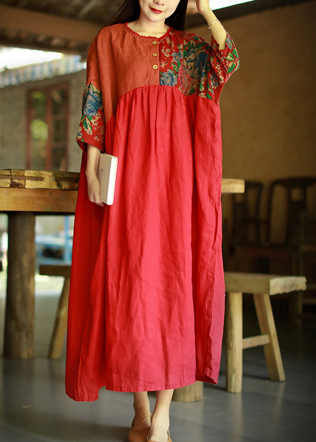 Red Print Patchwork Cotton Long Dresses O Neck Summer
