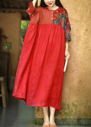 Red Print Patchwork Cotton Long Dresses O Neck Summer