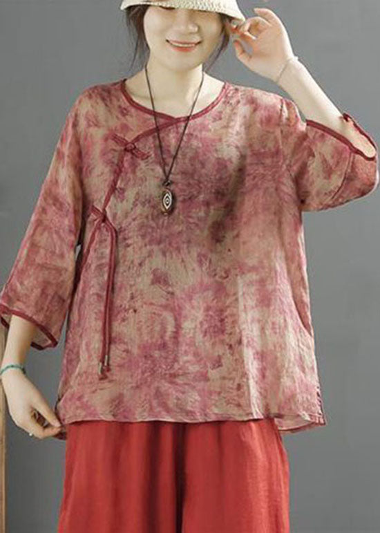 Red Print Patchwork Linen Top Tasseled Chinese Button Summer