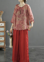 Red Print Patchwork Linen Top Tasseled Chinese Button Summer