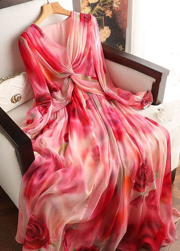 Red Print Patchwork Silk Dress V Neck Wrinkled Long Sleeve