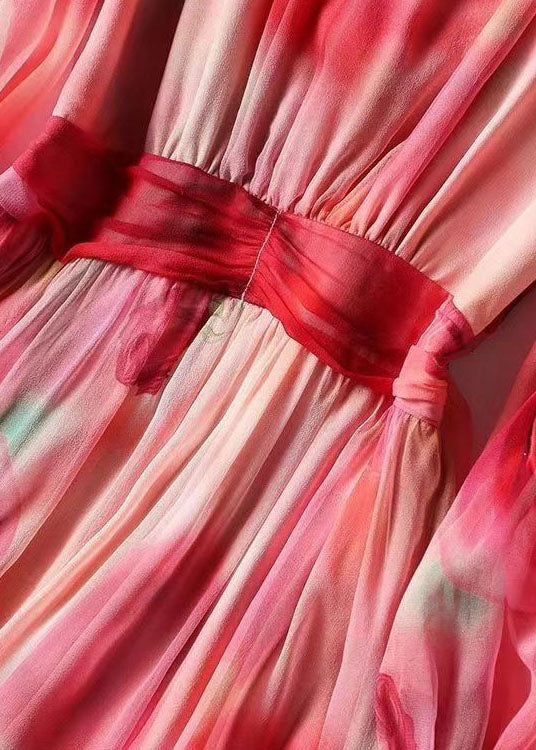 Red Print Patchwork Silk Dress V Neck Wrinkled Long Sleeve