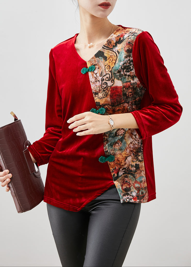 Red Print Patchwork Silk Velour Shirt Tops Chinese Button Winter