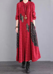 Red Print Pockets Patchwork Casual Cotton Long Dress Button Fall