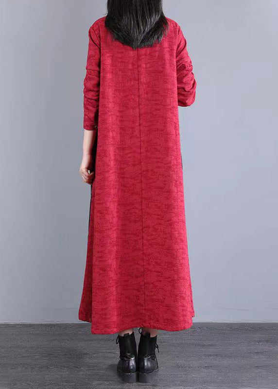 Red Print Pockets Patchwork Casual Cotton Long Dress Button Fall
