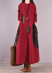 Red Print Pockets Patchwork Cotton Shirts Dresses Stand Collar Fall