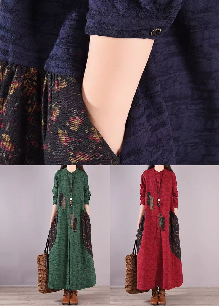 Red Print Pockets Patchwork Cotton Shirts Dresses Stand Collar Fall