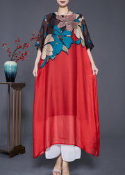 Red Print Silk A Line Dresses Oversized Draping Summer