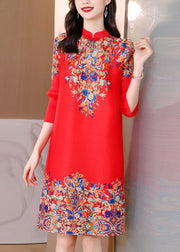 Red Print Silk Elegant Mid Dress Mandarin Collar Oriental Button Half Sleeve