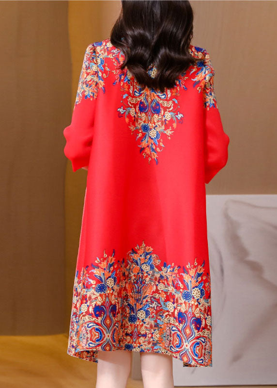 Red Print Silk Elegant Mid Dress Mandarin Collar Oriental Button Half Sleeve