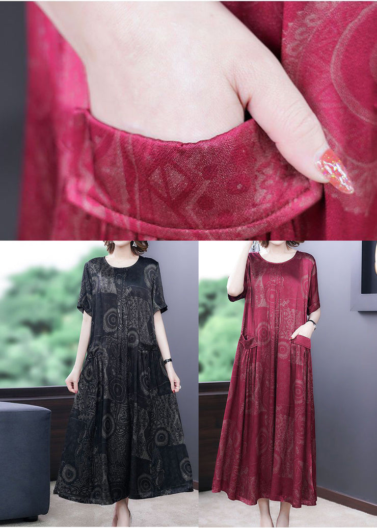 Red Print Silk Long Dress Oversized Pockets Wrinkled Summer