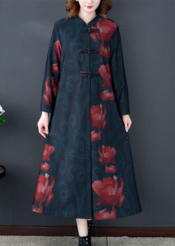 Red Print Silk Long Trench Coats Stand Collar Oriental Button Long Sleeve