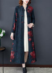 Red Print Silk Long Trench Coats Stand Collar Oriental Button Long Sleeve