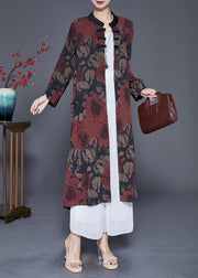 Red Print Silk Trench Coat Oversized Chinese Button Fall