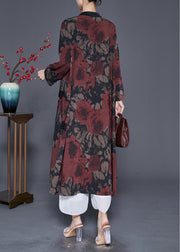 Red Print Silk Trench Coat Oversized Chinese Button Fall