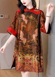 Red Print Silk Vacation Dresses Stand Collar Side Open Half Sleeve