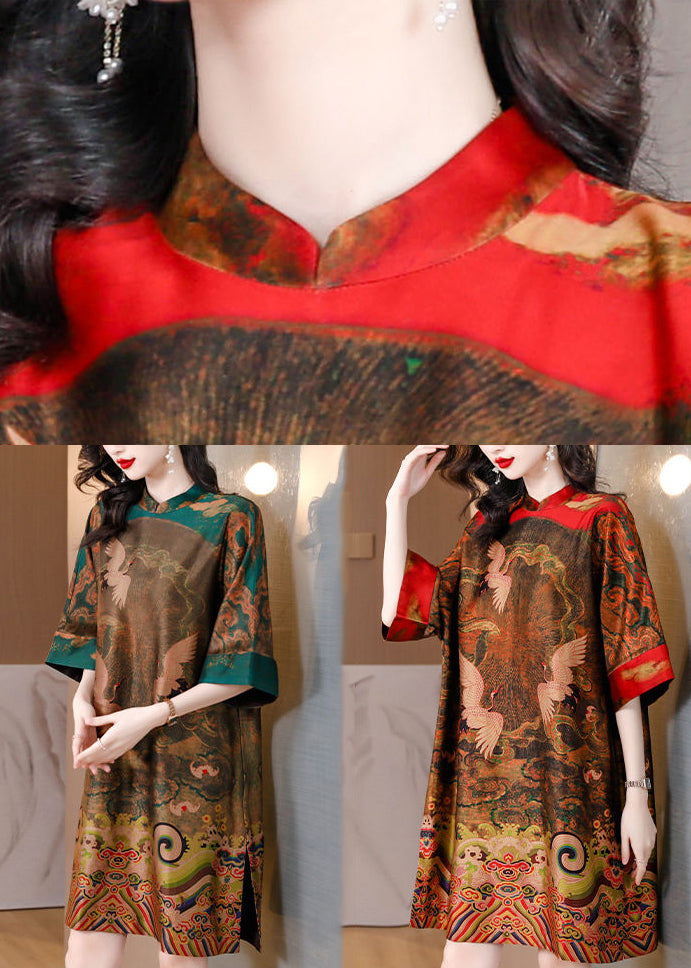 Red Print Silk Vacation Dresses Stand Collar Side Open Half Sleeve
