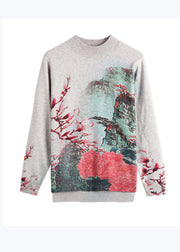 Red Print Soft Woolen Short Sweater Half Hign Neck Spring