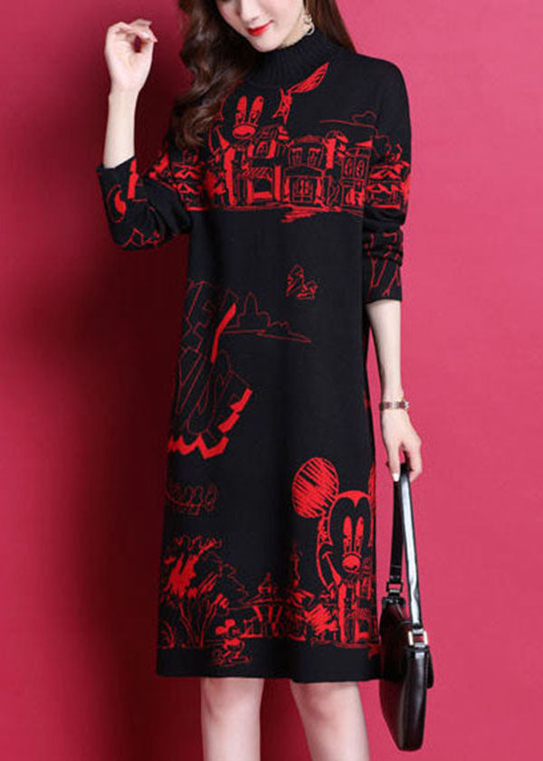 Red Print Thick Knit Long Sweater Dress High Neck Long Sleeve