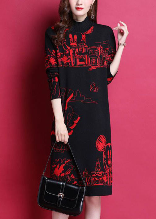 Red Print Thick Knit Long Sweater Dress High Neck Long Sleeve