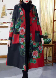 Red Print Thick Warm Fleece Loose Trench Coats Winter