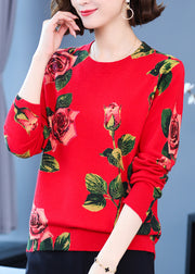 Red Print Woolen Knitted Tops O Neck Zircon Spring