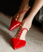 Red Rivet Stiletto Cowhide Leather Comfortable Splicing Slide Sandals