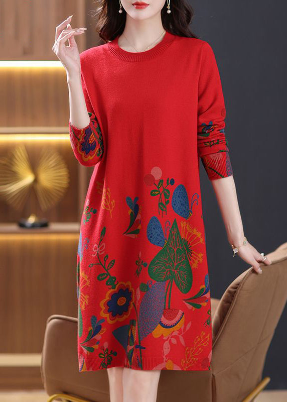 Red Side Open Cozy Wool Knit Dress O Neck Spring