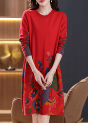 Red Side Open Cozy Wool Knit Dress O Neck Spring