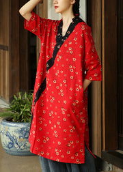 Red Side Open Patchwork Cotton Dress V Neck Half Sleeve