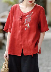 Red Side Open Patchwork Cotton T Shirt Embroidered Short Sleeve