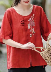 Red Side Open Patchwork Cotton T Shirt Embroidered Short Sleeve