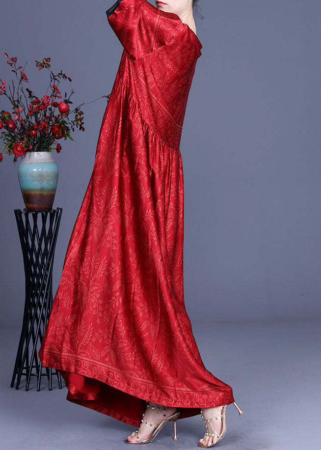 Red Silk Maxi Dress Cinched Half Sleeve