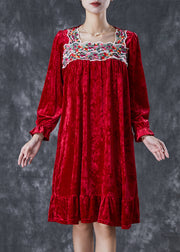 Red Silk Velour Holiday Dress Square Collar Embroidered Fall