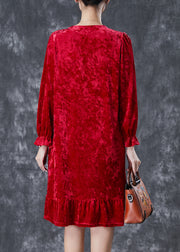 Red Silk Velour Holiday Dress Square Collar Embroidered Fall