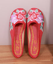 Red Slide Sandals Floral Embroidered Linen Fabric Slides For Women
